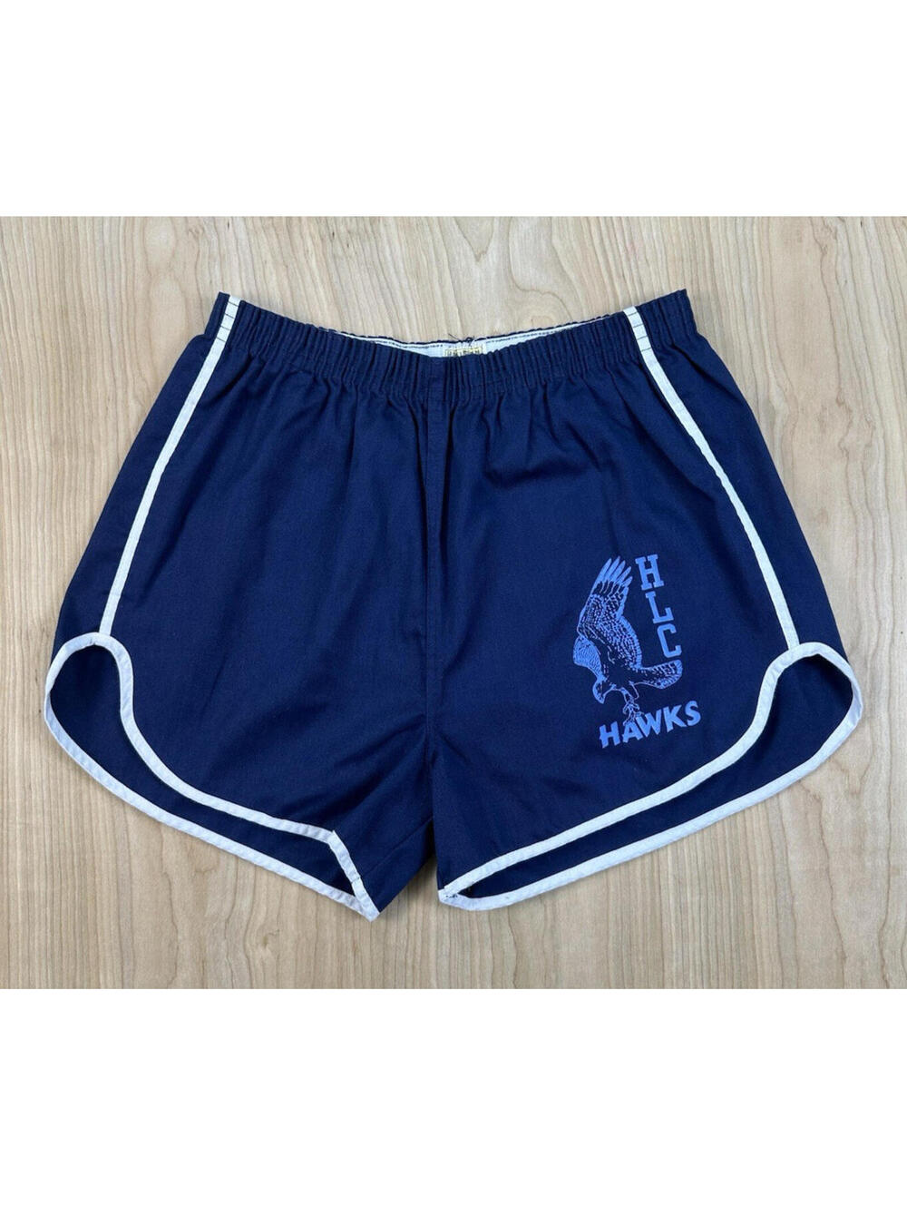 vintage 80's GYM SHORTS large BLUE with WHITE PIPING velva sheen HAWKS LOGO usa